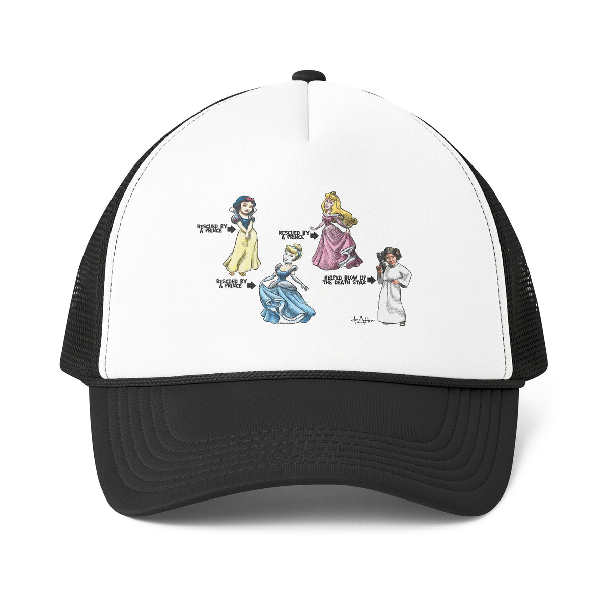 De Adder Designs "Carrie Fisher" Print Black and White Trucker Hat