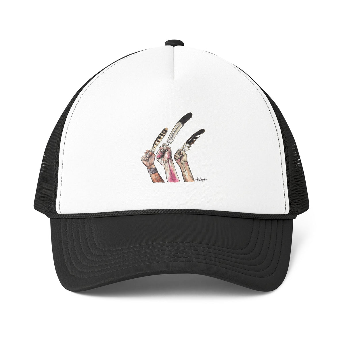 De Adder Designs "Feather" Printed Black & White Trucker Hat