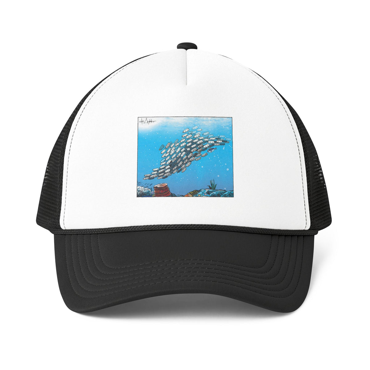 De Adder Designs "Plastic In Ocean" Printed Black & White Trucker Hat