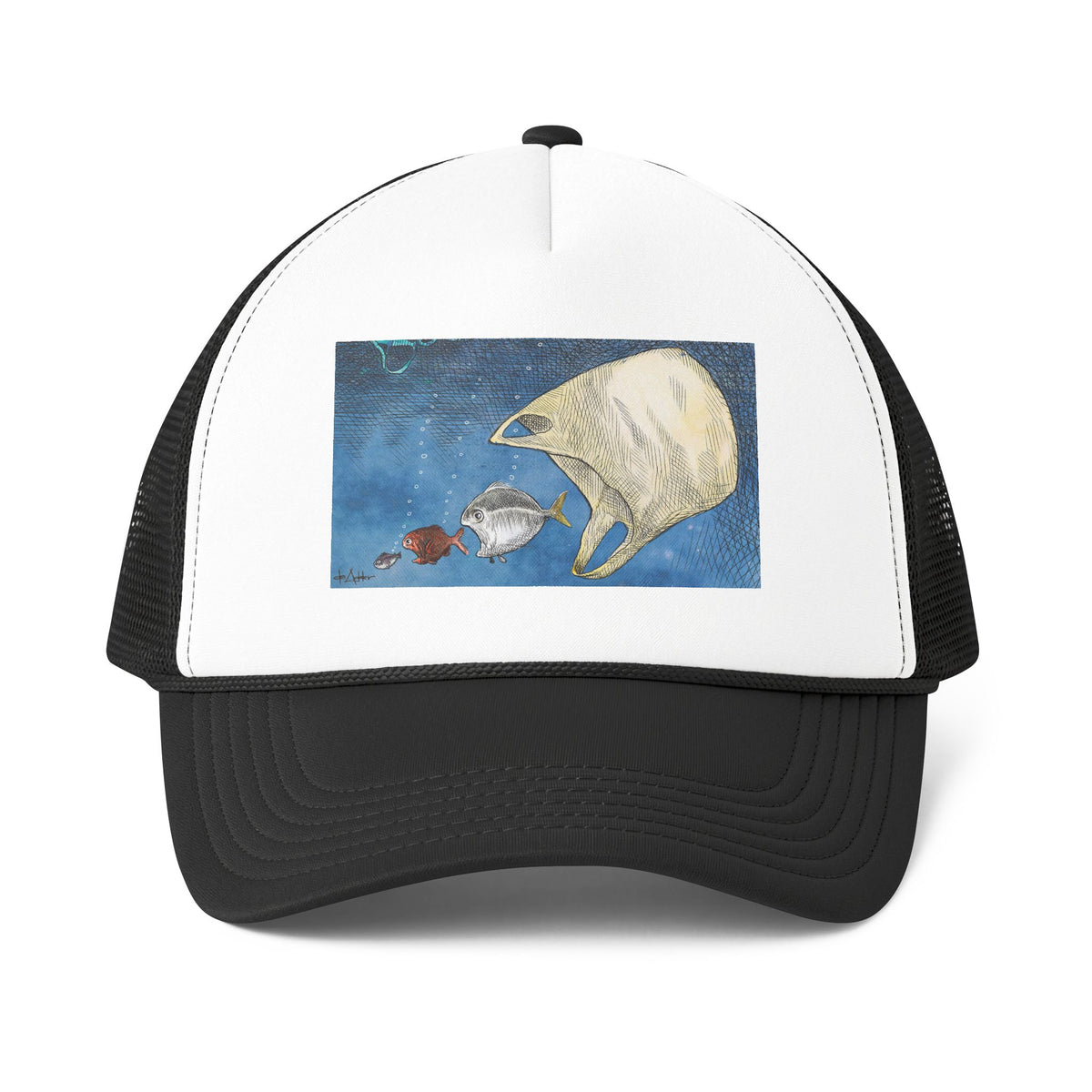 De Adder Designs "Ocean Bag" Print Black and White Trucker Hat