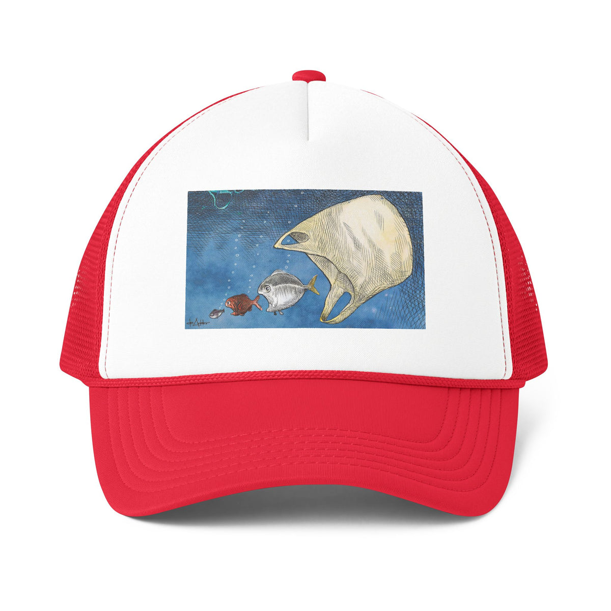 De Adder Designs "Ocean Bag" Print Red and White Trucker Hat