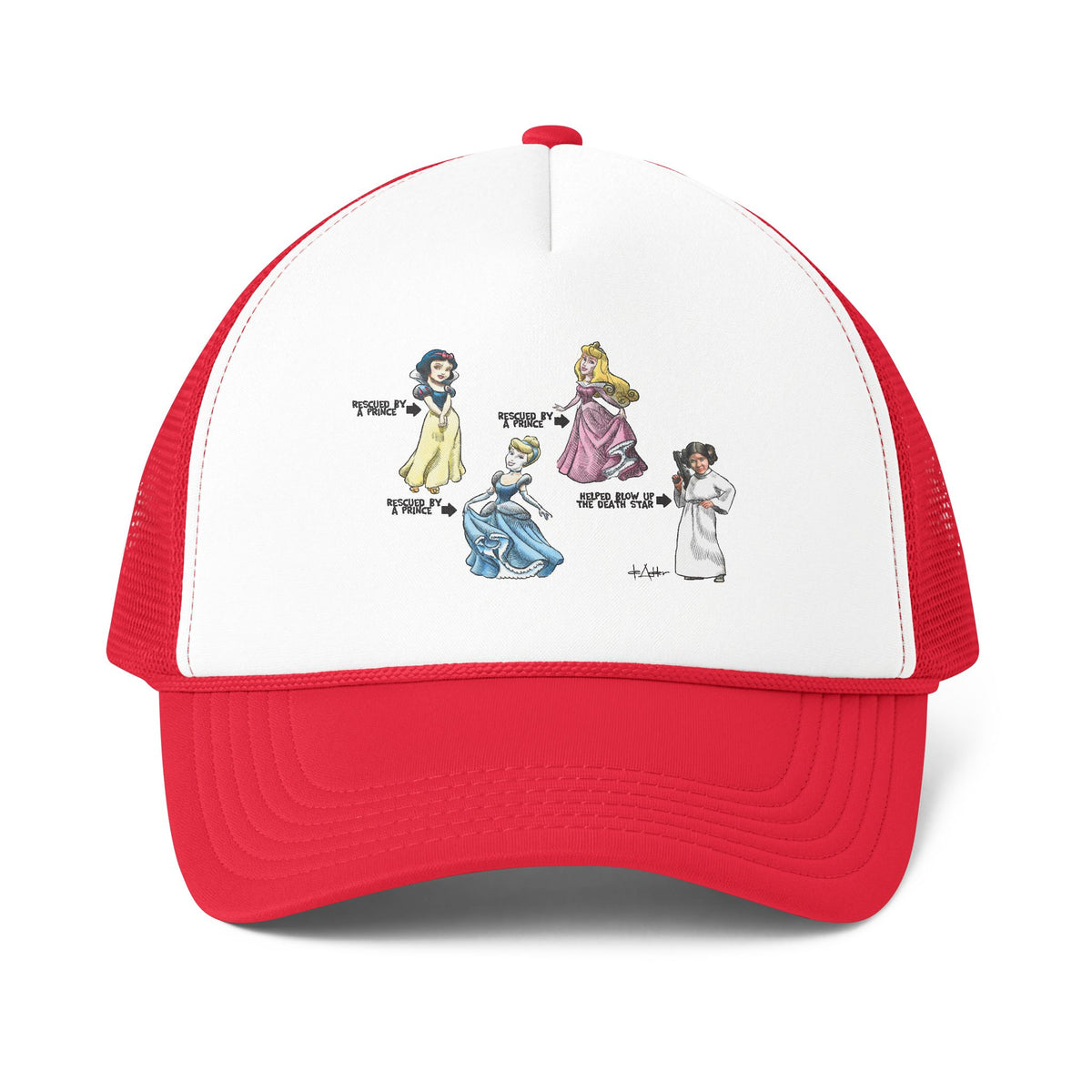 De Adder Designs "Carrie Fisher" Print Red and White Trucker Hat