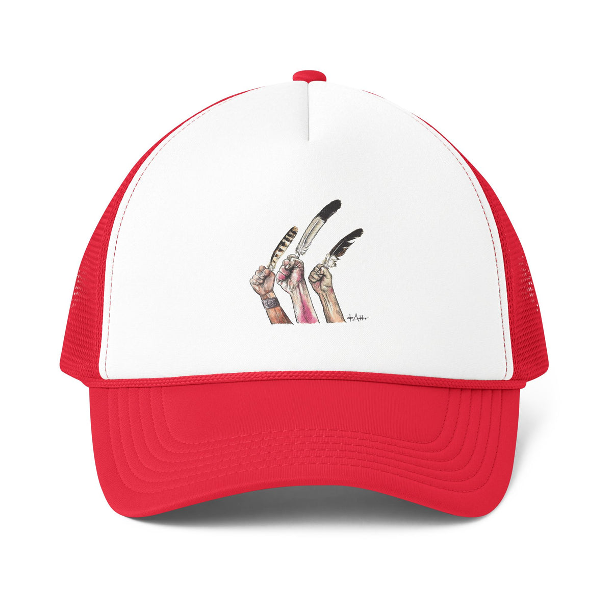 De Adder Designs "Feather" Printed Red & White Trucker Hat