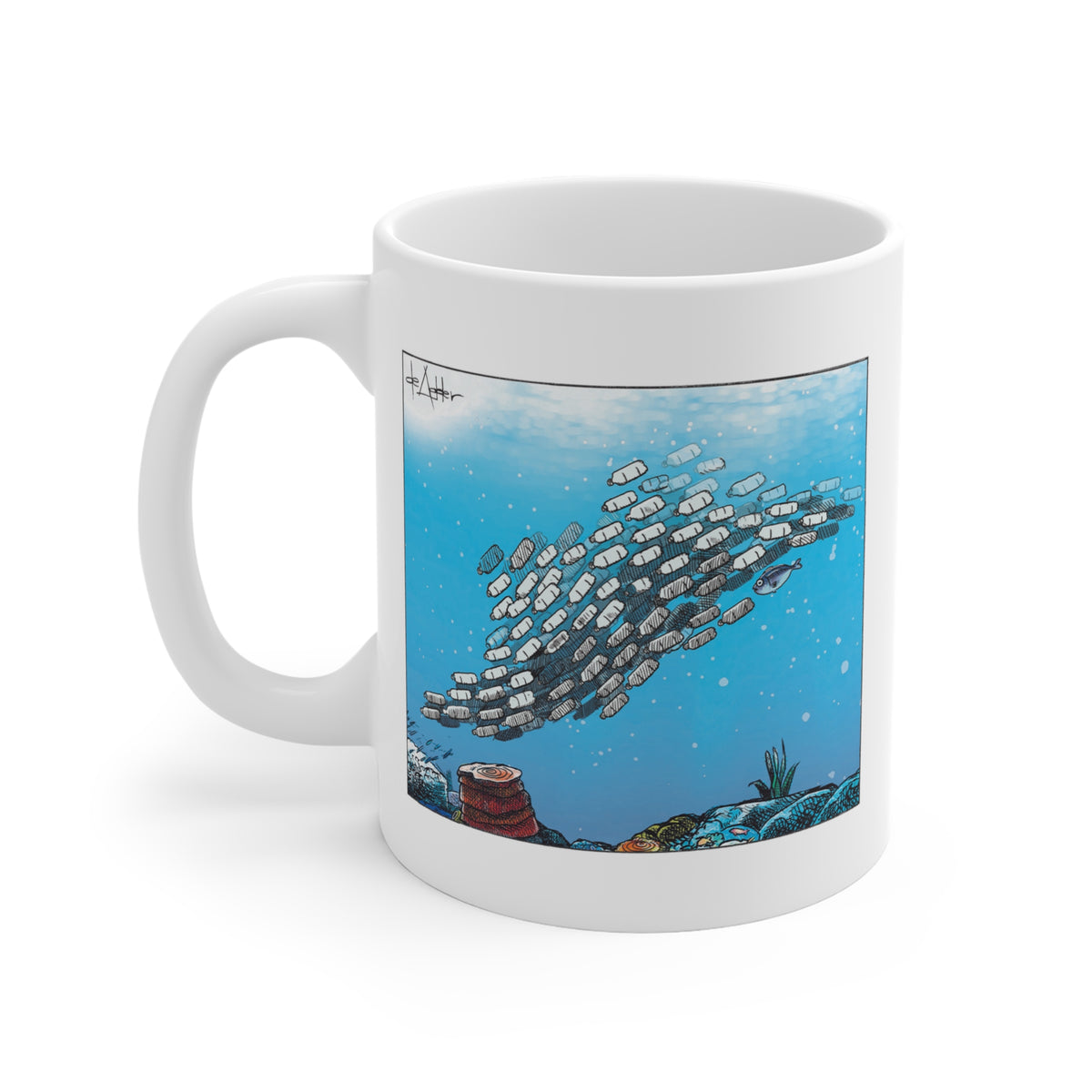 De Adder Designs "Plastic In Ocean" White Mug 11oz
