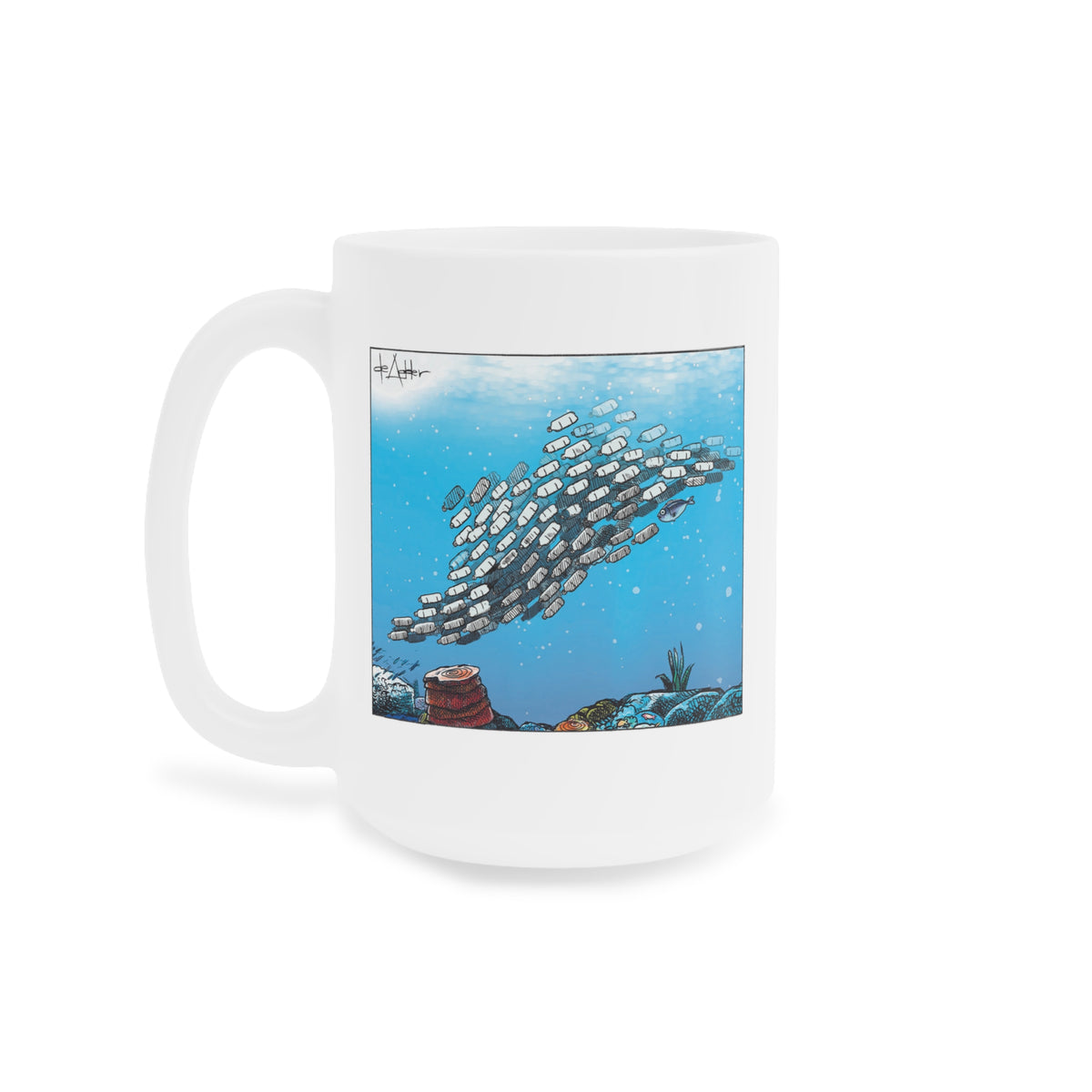 De Adder Designs "Plastic In Ocean" White Mug 15oz