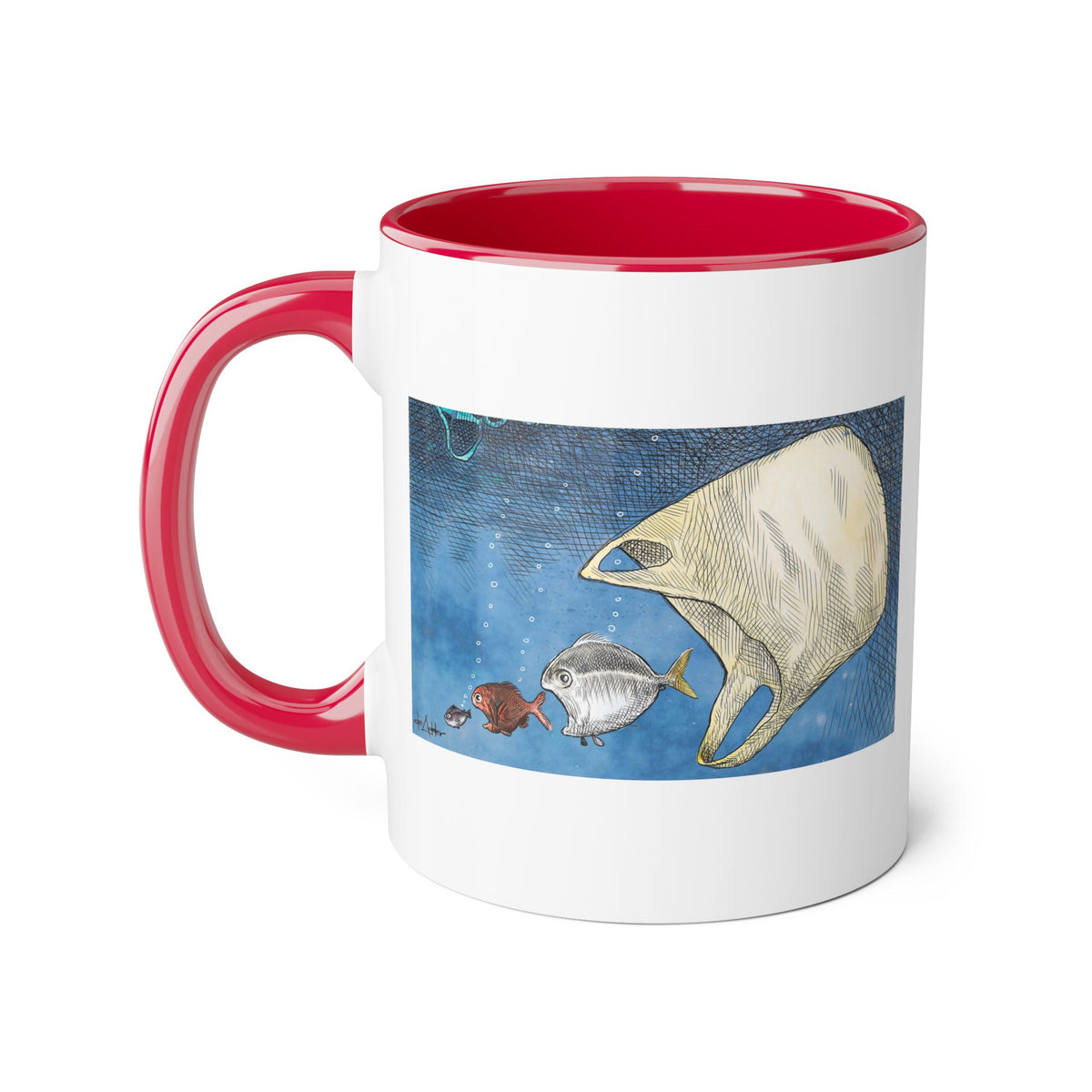 De Adder Designs "Ocean Bag" Red and White Mug 11oz