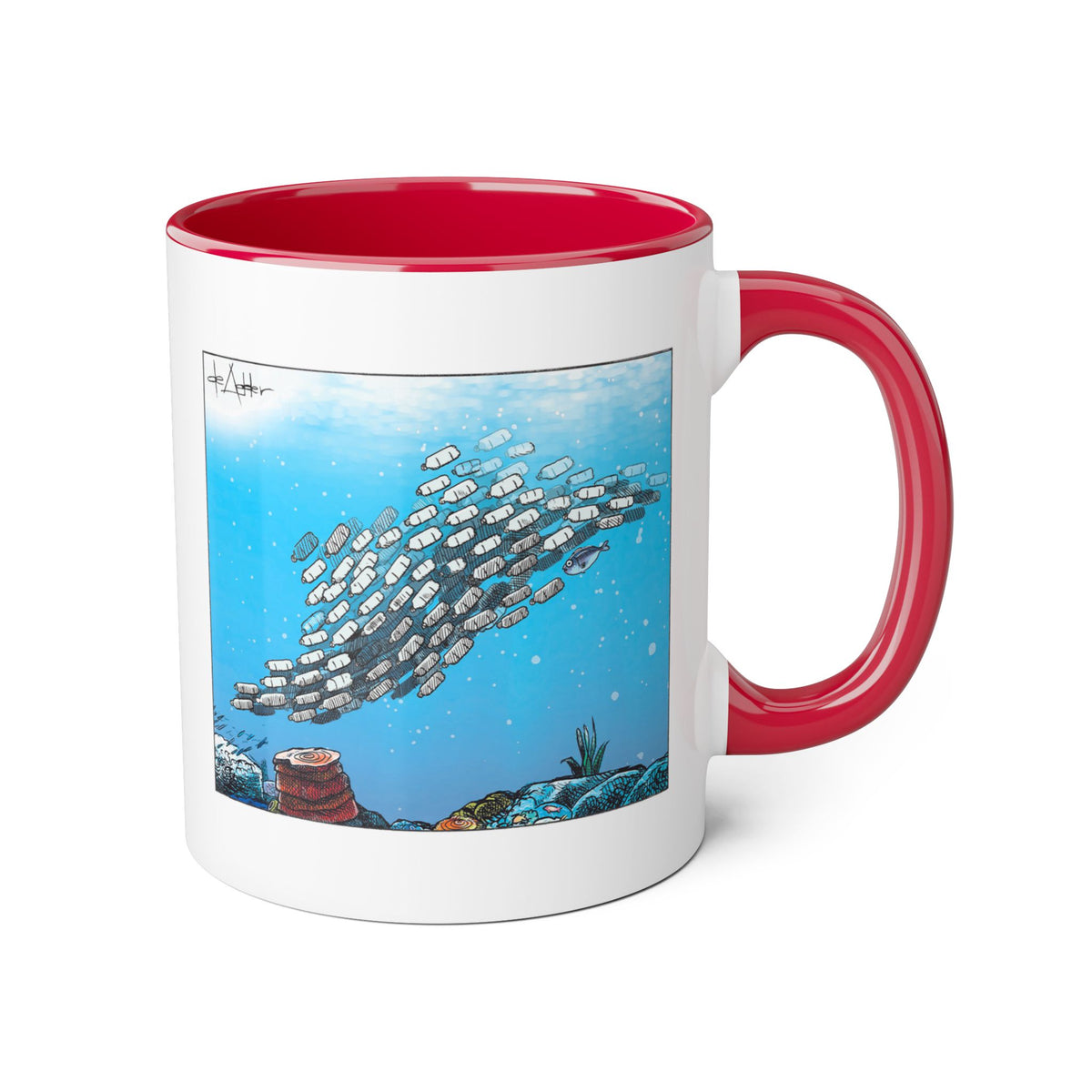 De Adder Designs "Plastic In Ocean" Red and White Mug 11oz