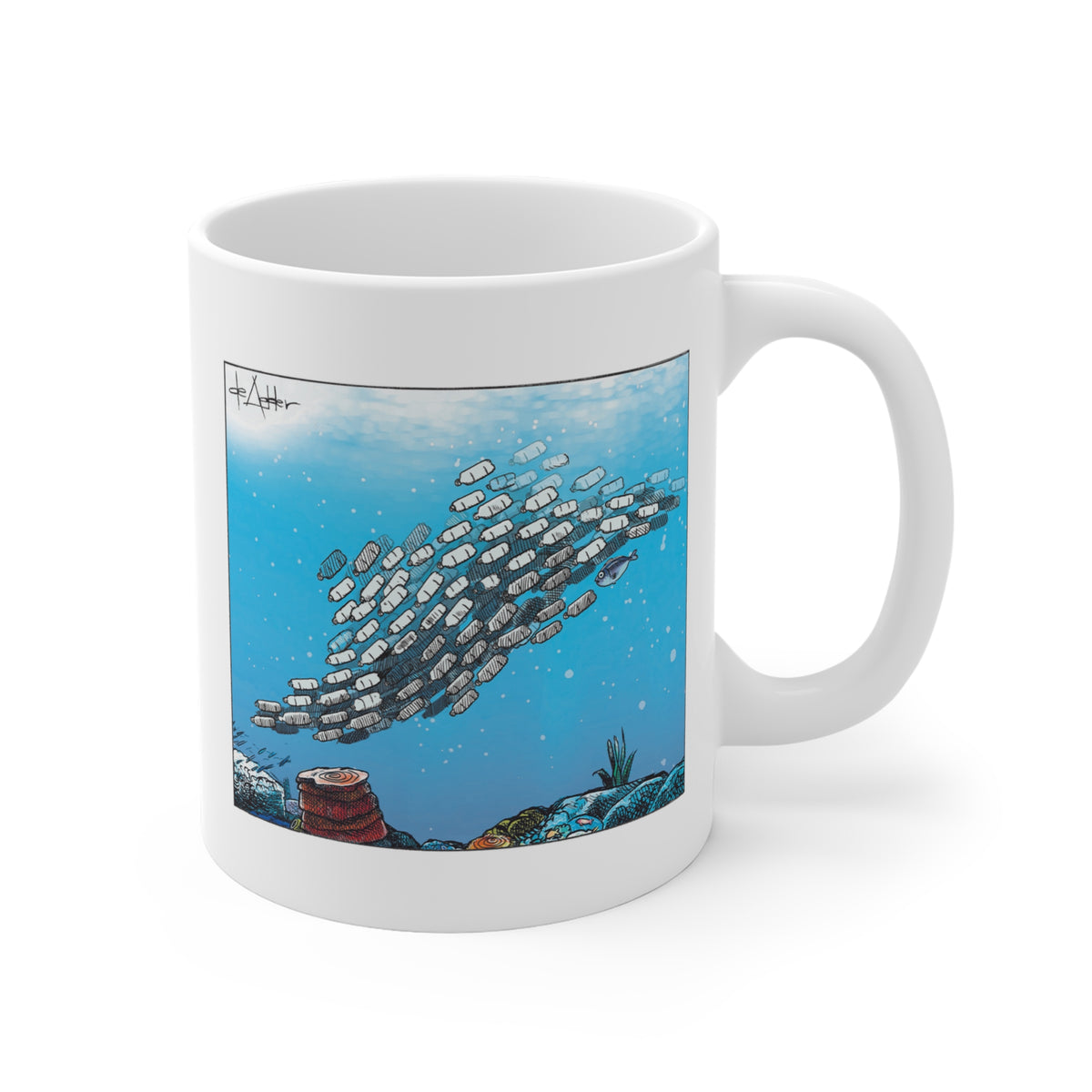 De Adder Designs "Plastic In Ocean" White Mug 11oz