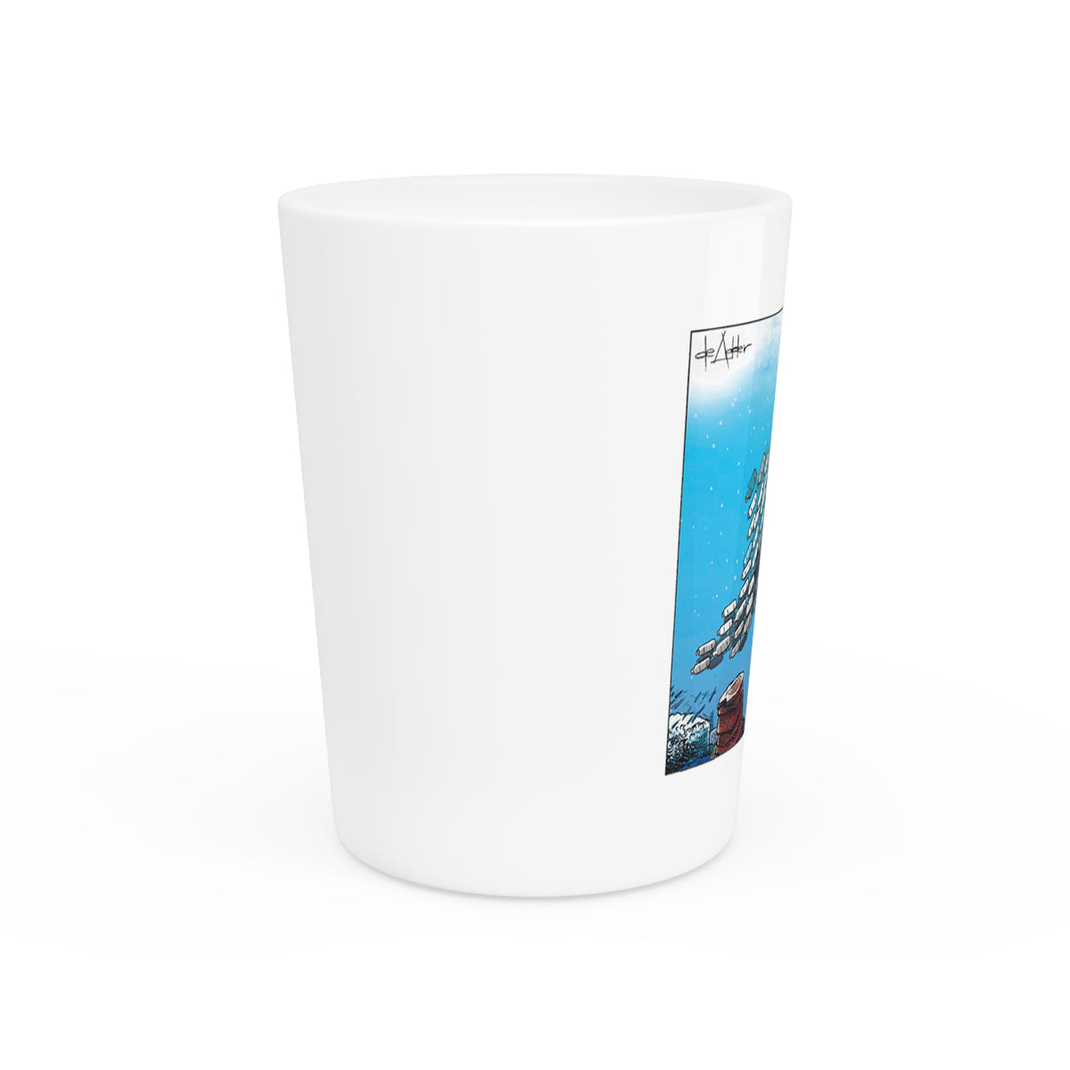 De Adder Designs "Plastic In Ocean" White Ceramic 2oz Shot Glass