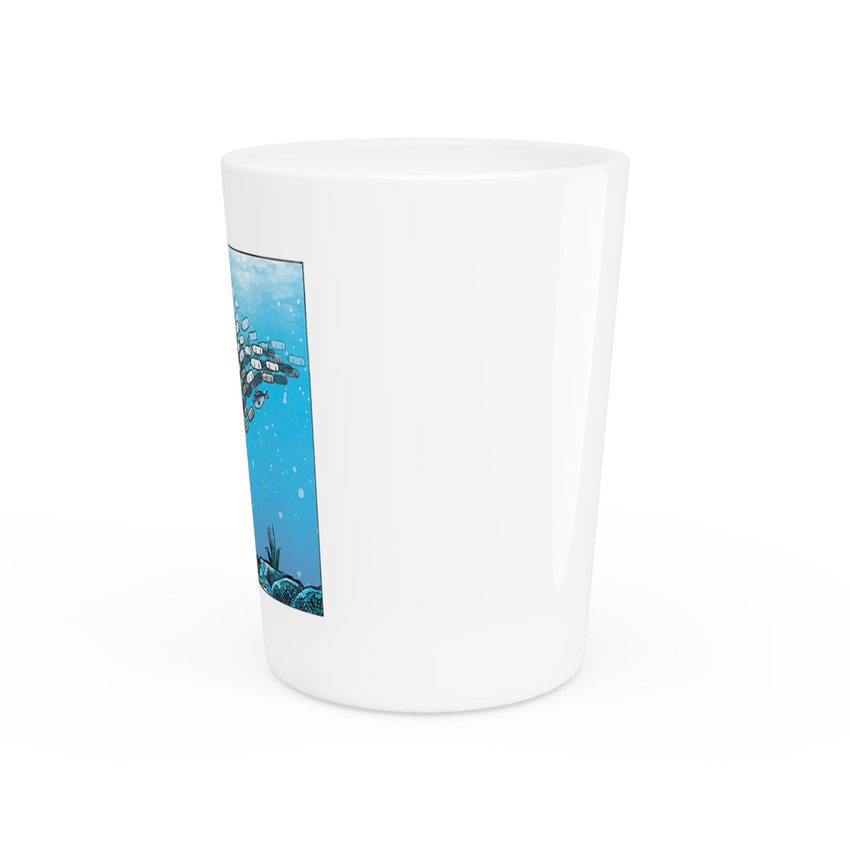 De Adder Designs "Plastic In Ocean" White Ceramic 2oz Shot Glass