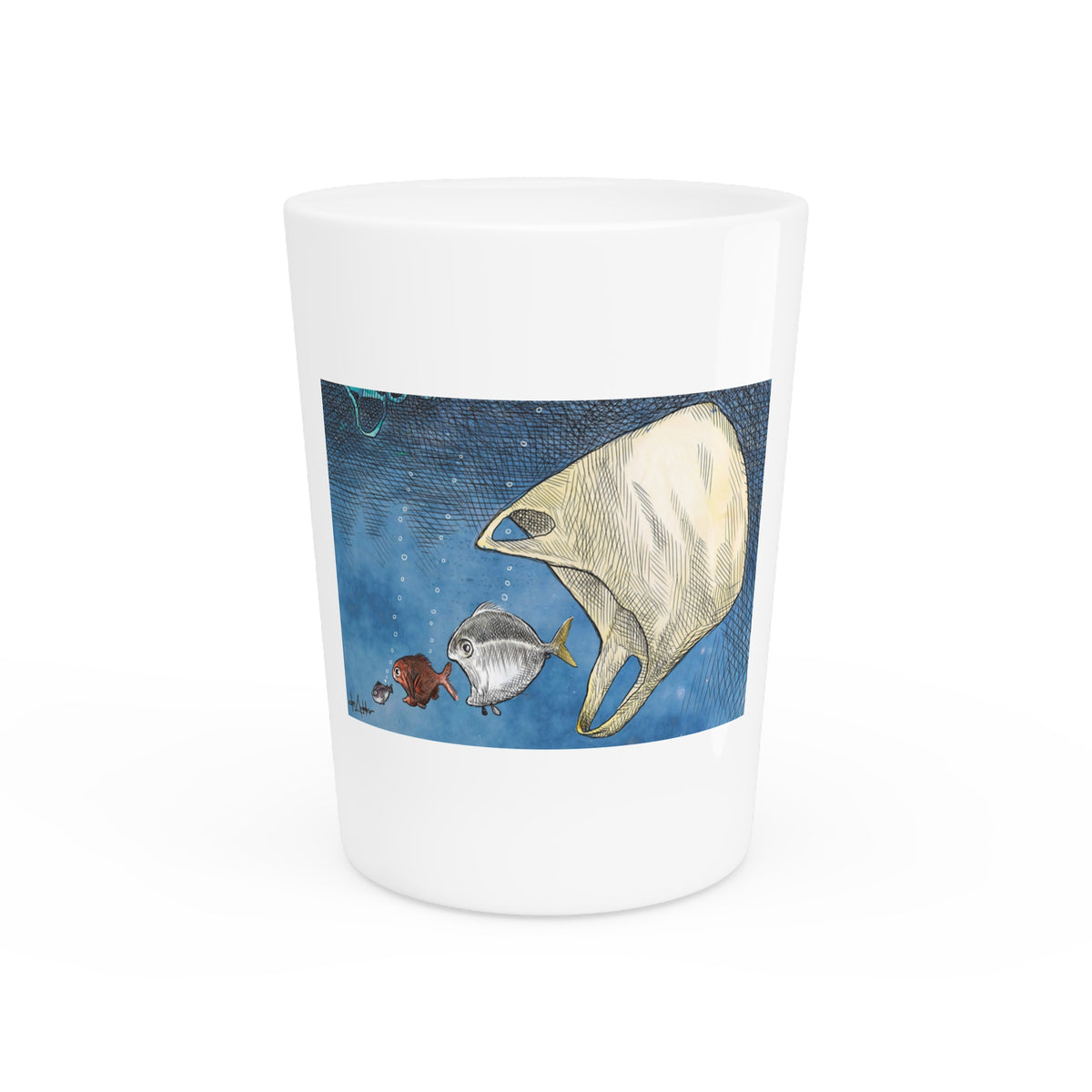 De Adder Designs "Ocean Bag" White Ceramic 2oz Shot Glass