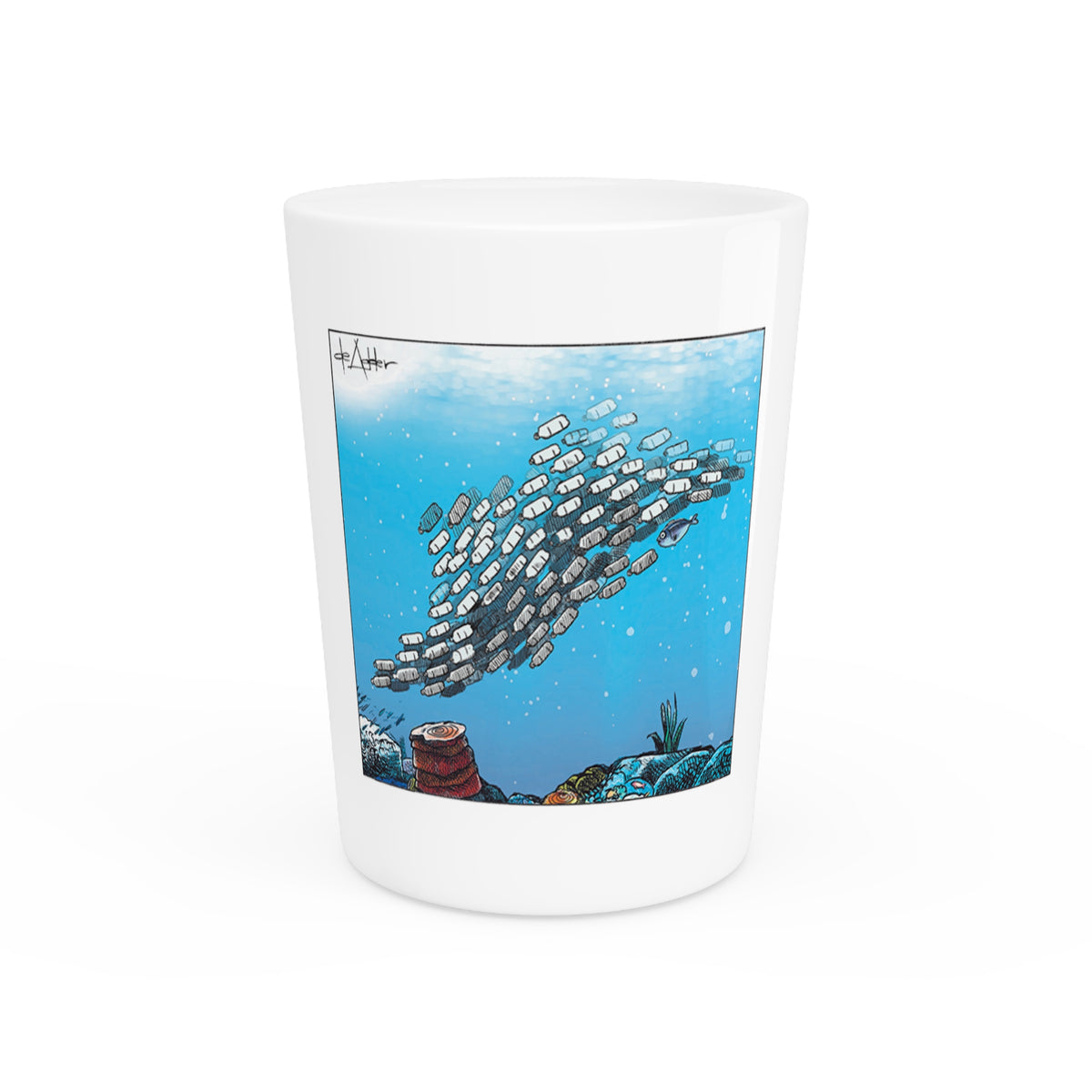 De Adder Designs "Plastic In Ocean" White Ceramic 2oz Shot Glass