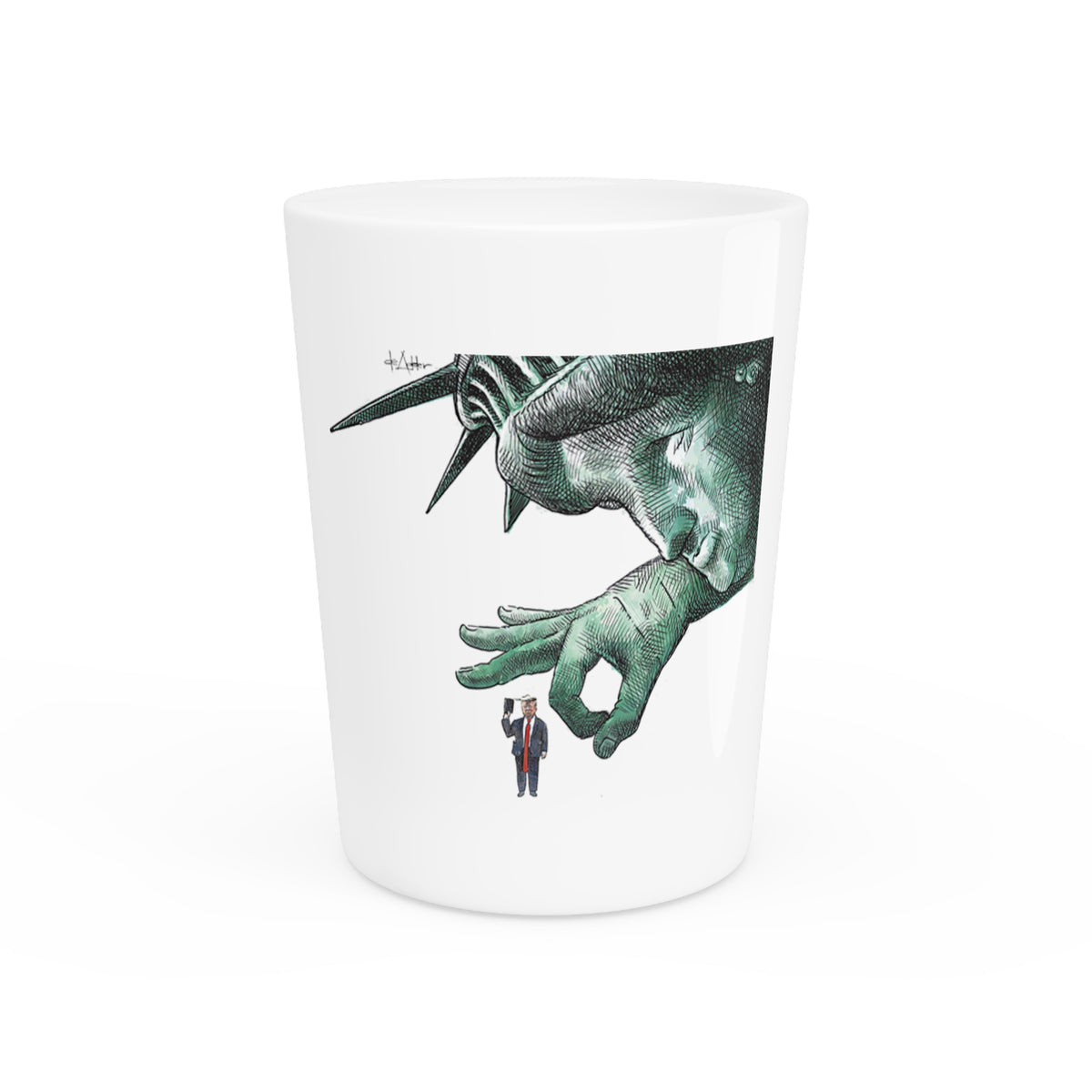 De Adder Designs "Flick Trump" White Ceramic 2oz Shot Glass