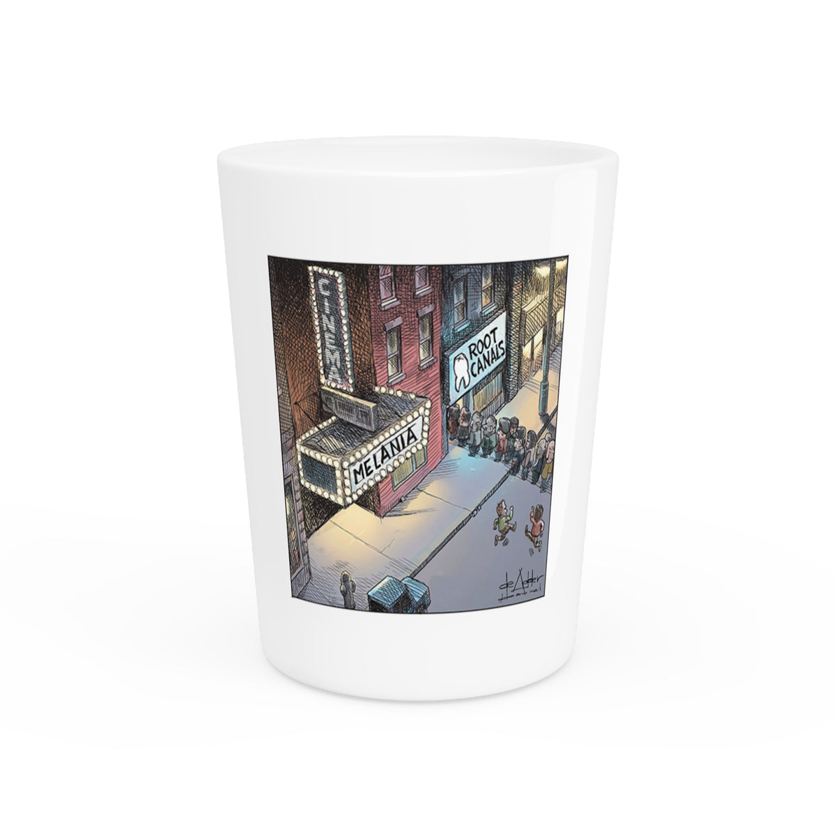 De Adder Designs "Root Canal" White Ceramic 2oz Shot Glass